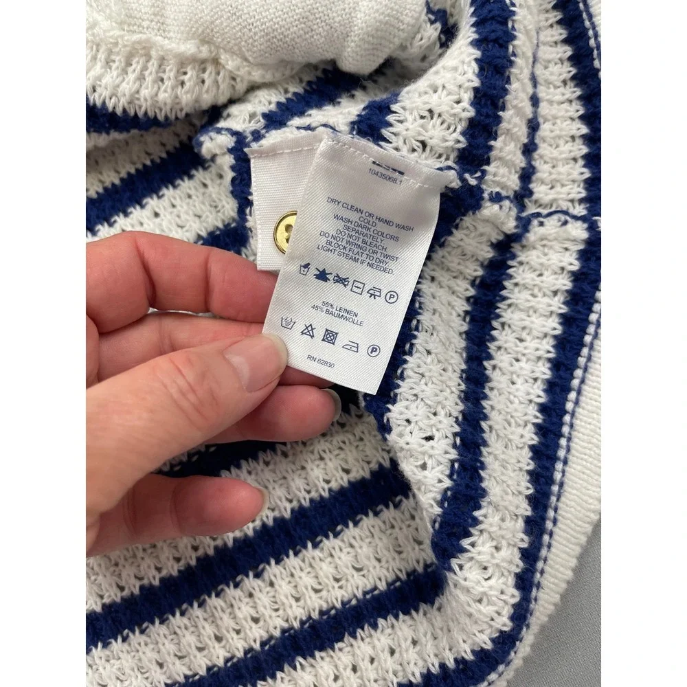 Lands‎ End Womens Medium White Navy Blue Striped Linen Cotton Cardigan Sweater